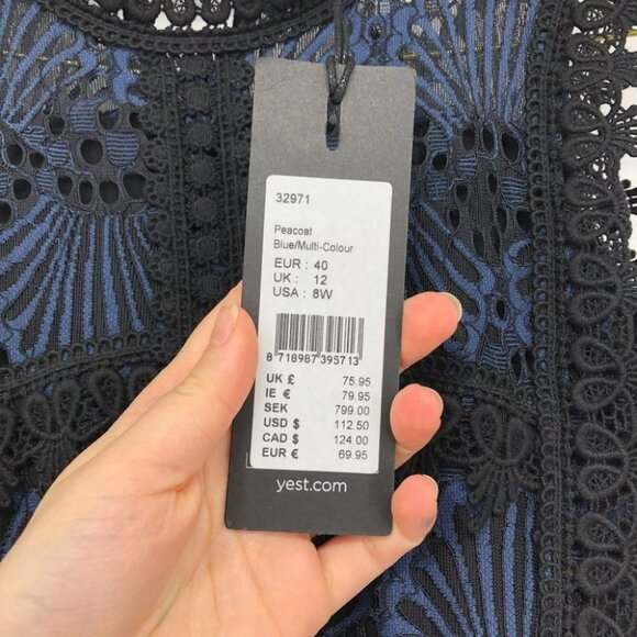 YEST Netherlands NWT crochet black blue peacock high neck fitted midi dress 8 - Picture 8 of 16